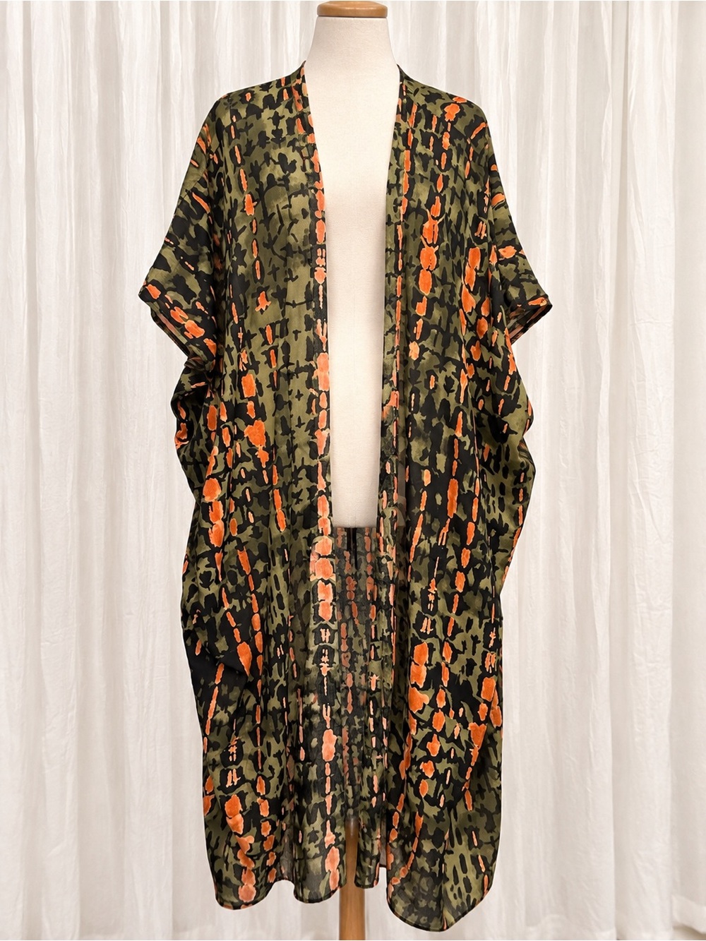 Olive & Orange Printed Open-Front Kimono Jacket